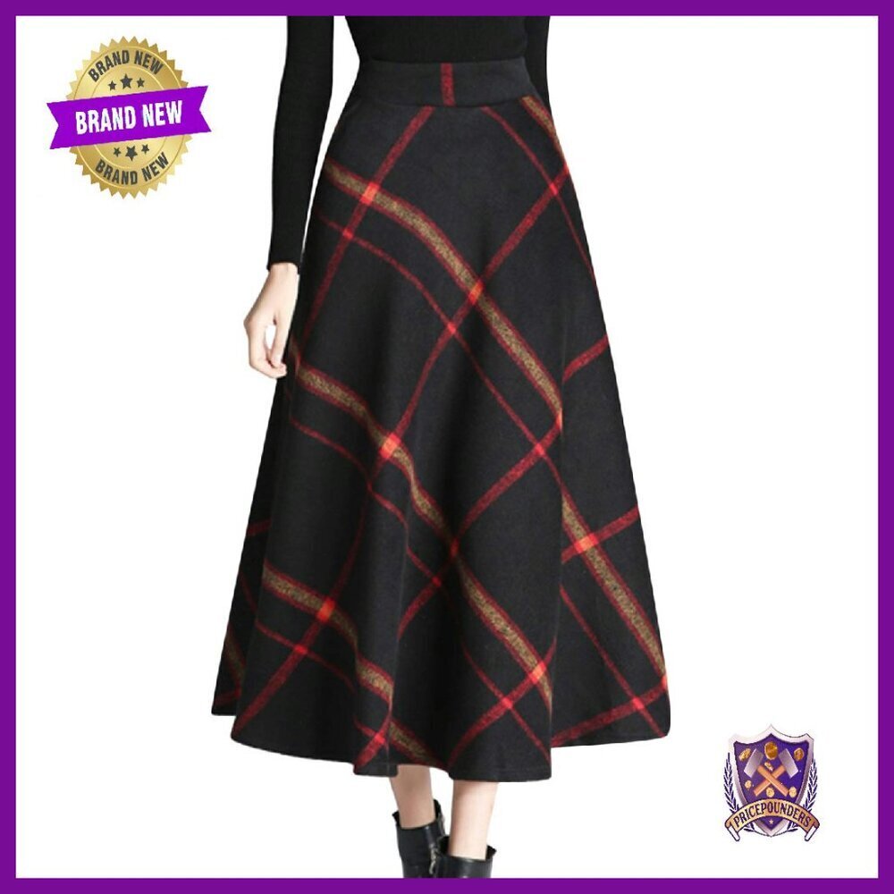 Wool Plaid A-Line Pleated Long Skirt Elastic Waist Warm Winter